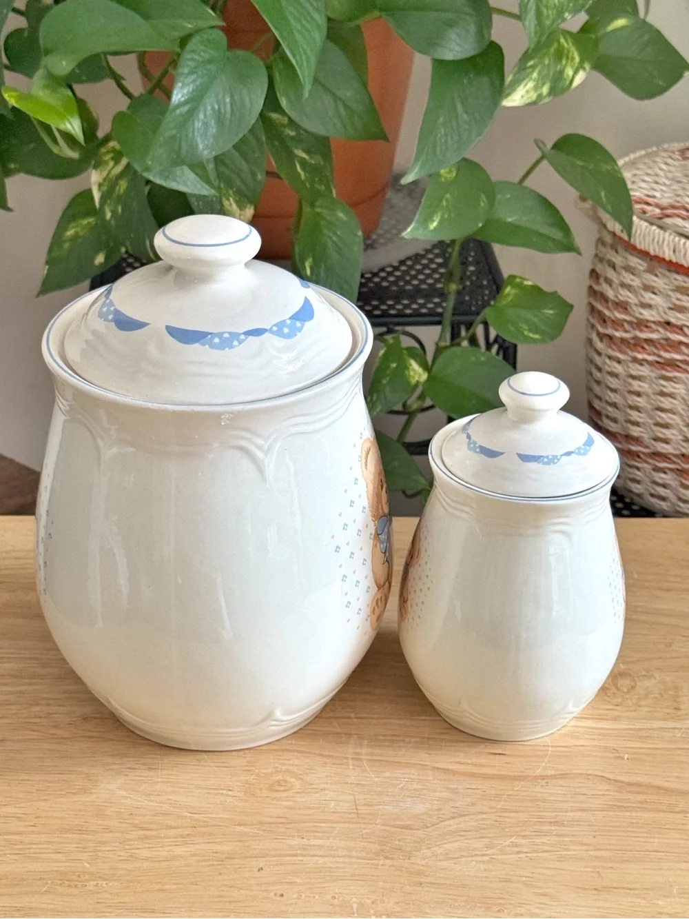 Tienshan Stoneware Vintage Country Bear Canister Set Small and Large Set of 2